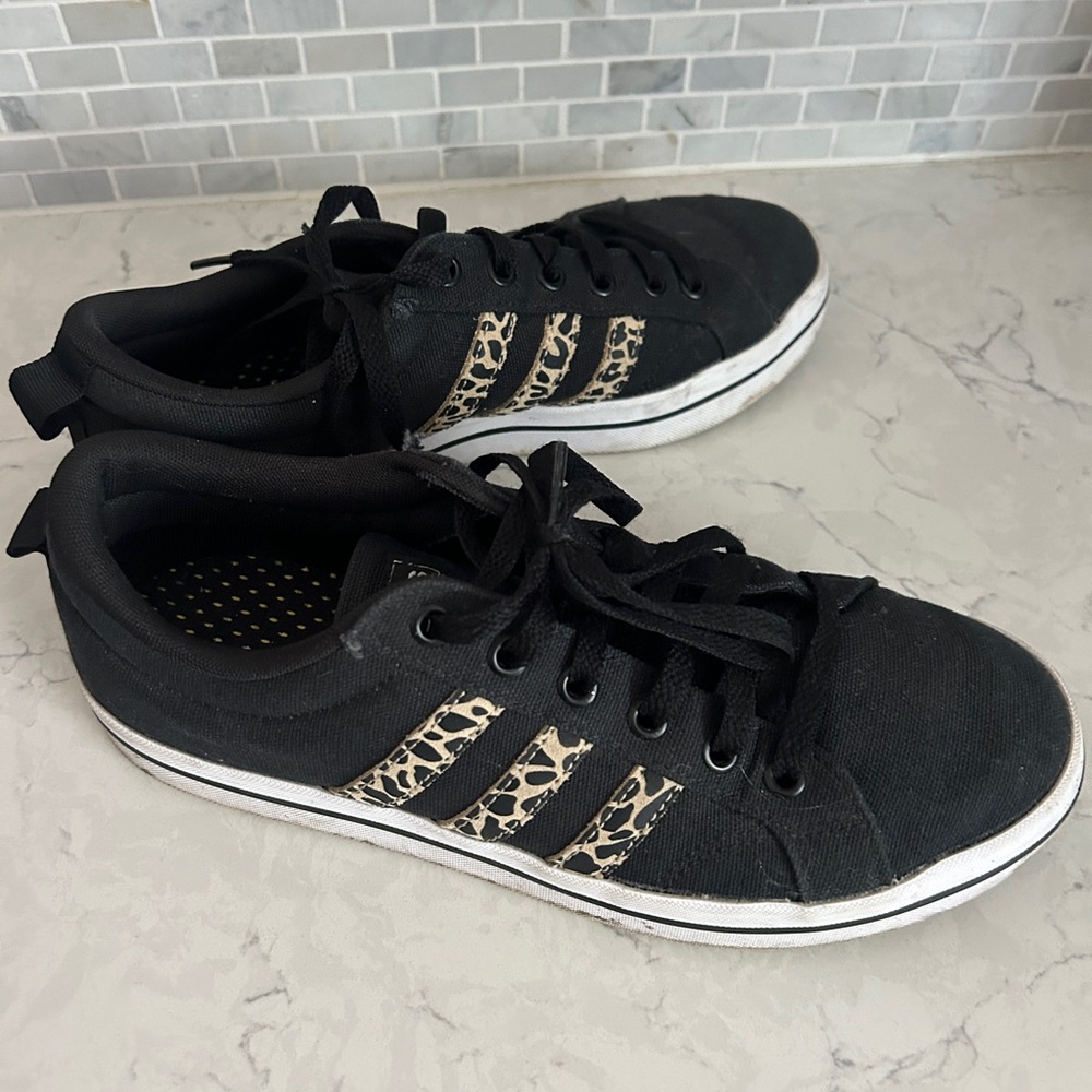 Black Canvas Women’s Sneakers with Leopard Accent